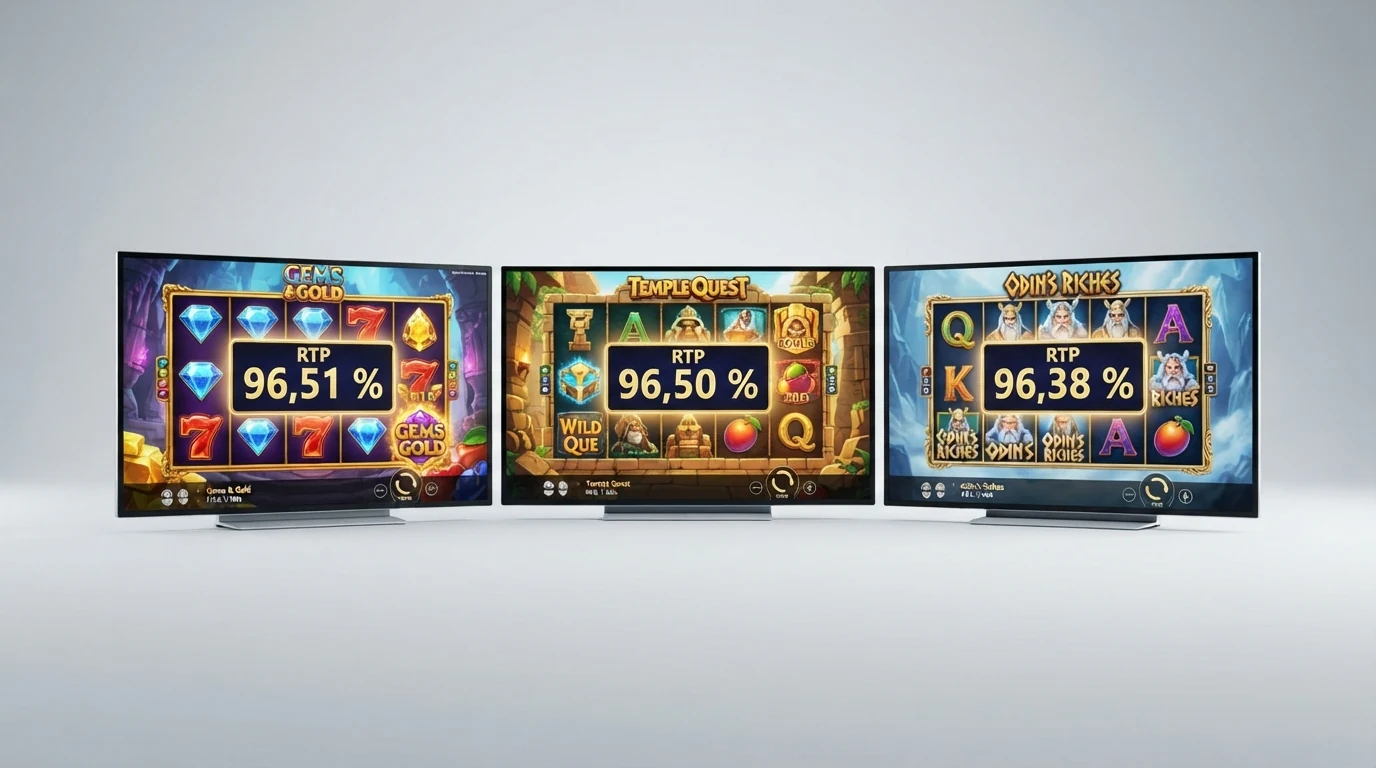 Eine Auswahl der höchst-RTP Bonuskauf-Slots in einer Übersicht: Spielautomaten-Thumbnails von Sweet Bonanza, Money Train 4 und Wanted Dead or a Wild nebeneinander mit hervorgehobenen RTP-Prozentwerten