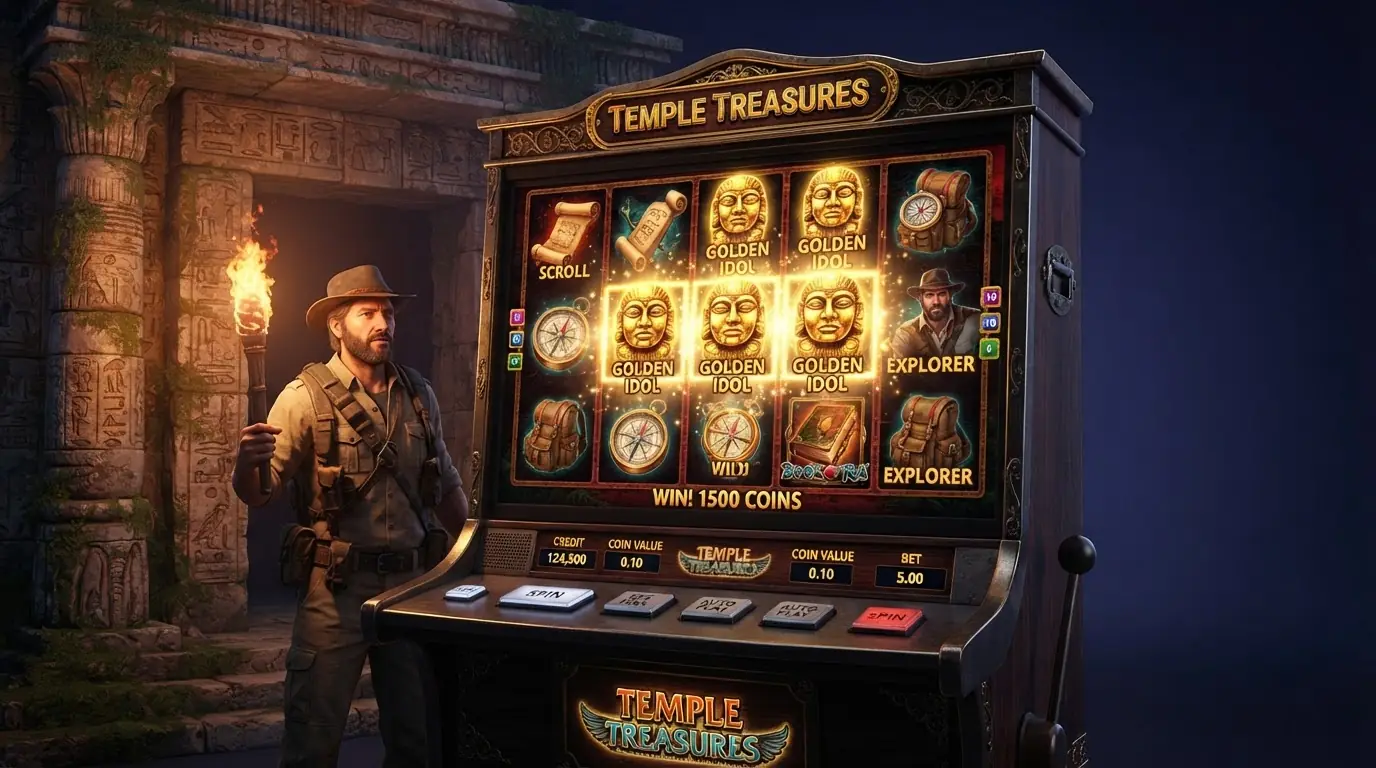 Der Spielautomat Book of Dead von Play'n GO mit seinen altägyptischen Symbolen — Rich Wilde als Hauptfigur vor einem Tempel-Hintergrund und der Freispiel-Schriftzug