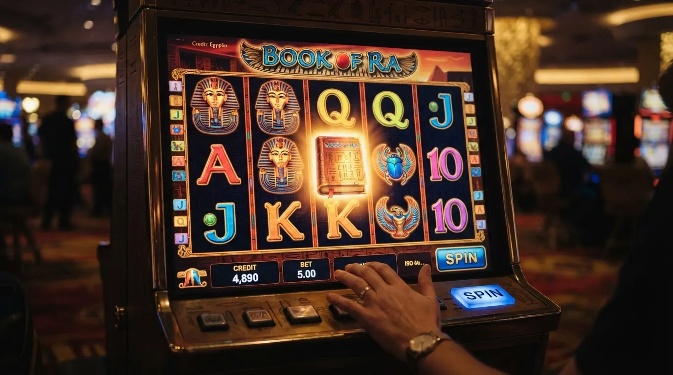 Spielbildschirm des Book-of-Ra-Spielautomaten mit den fünf Walzen und dem prominenten Book-of-Ra-Symbol im Zentrum