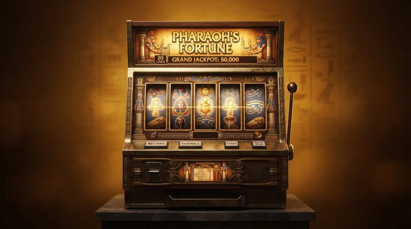 Der Spielautomat Book of Ra Deluxe mit seinen fünf Walzen, ägyptischen Symbolen (Archäologe, Pharao, Skarabäus) und der markanten Freispiel-Leuchtgrafik
