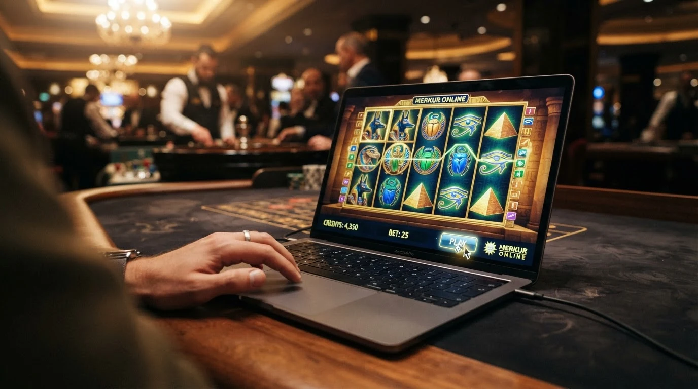 Der Spielautomat Book of Ra Deluxe auf einem Laptop-Bildschirm mit einer Bestätigungsmeldung für eine erfolgreiche Bankeinzahlung im Hintergrund