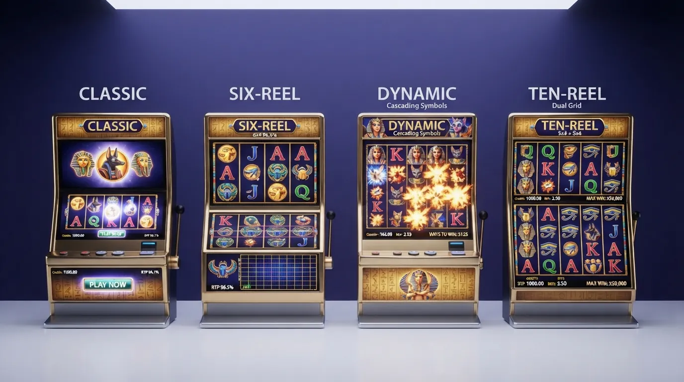 Vier Book of Ra Spielautomaten nebeneinander: Deluxe, Deluxe 6, Magic und Deluxe 10 mit ihren unterschiedlichen Walzen-Layouts