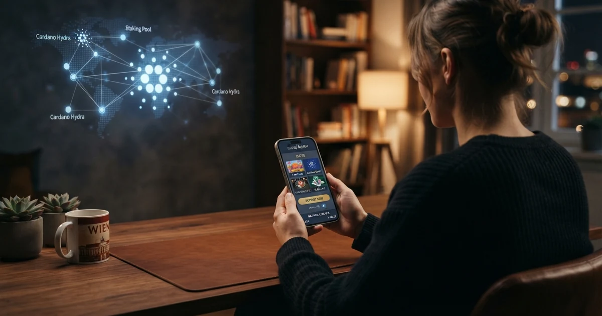 Eine Krypto-Casino-Oberfläche mit sichtbarer ADA-Einzahlungsoption und Spielauswahl im Hintergrund, vor einer stilisierten Cardano-Blockchain-Darstellung