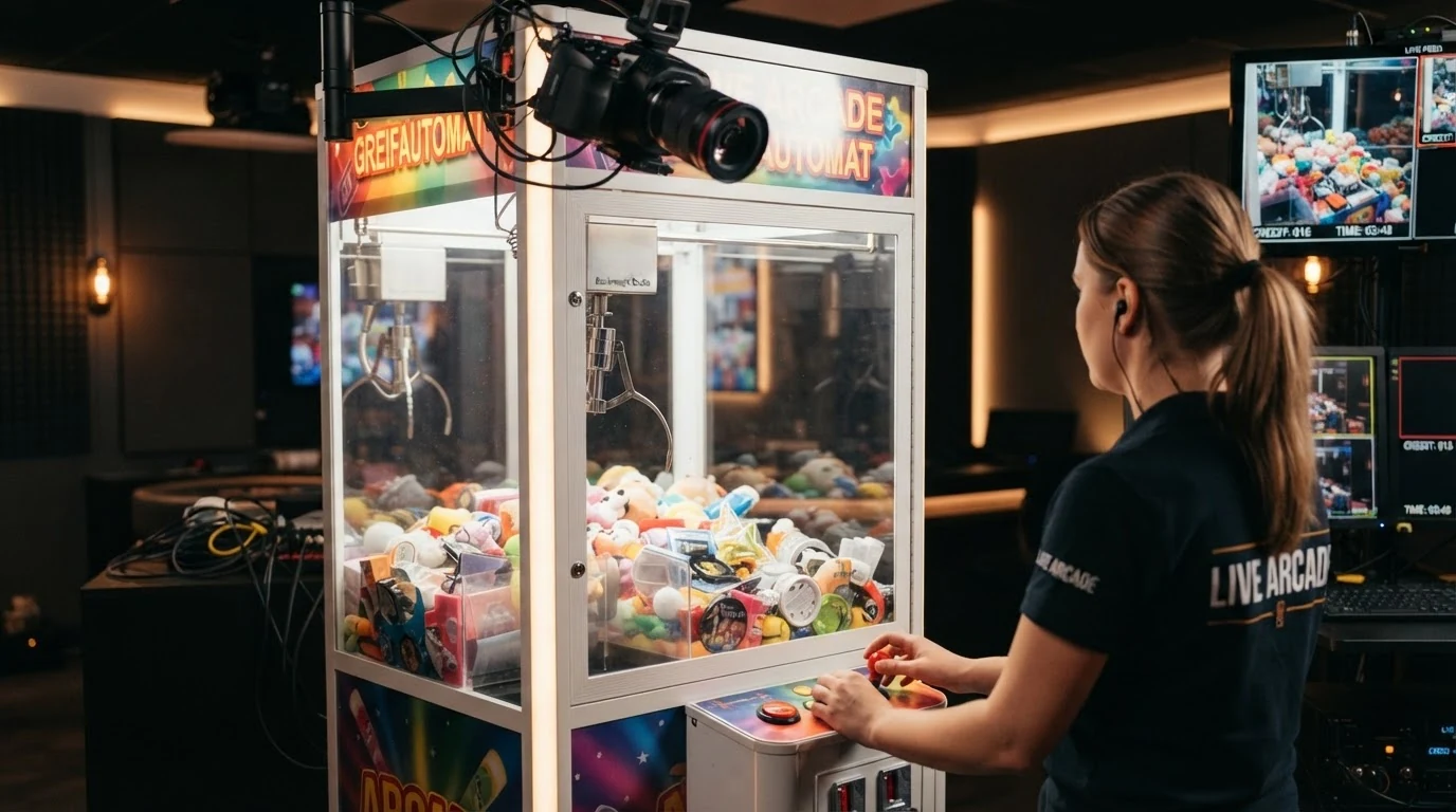 Ein physischer Arcade-Greifautomat in einem Studio, live per Kamera gefilmt und in ein Online-Casino gestreamt