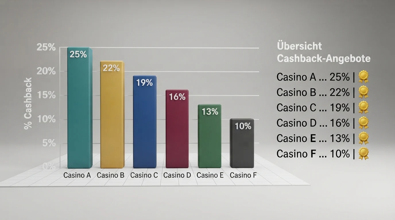 Ein Balkendiagramm mit sechs farbigen Balken, die unterschiedliche Cashback-Prozentsätze darstellen, daneben eine sortierte Liste mit Casino-Namen