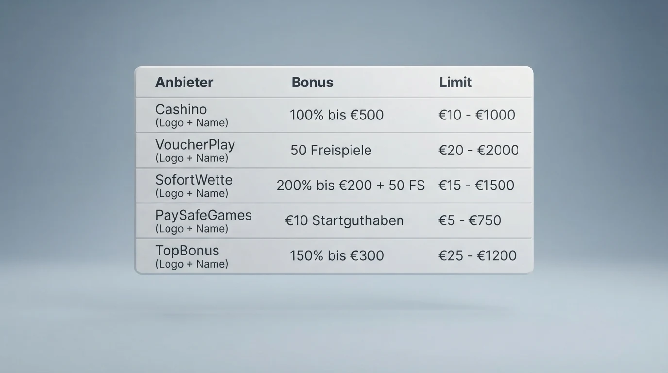 Eine Übersichtstabelle mit Casino-Logos, Sternbewertungen und Vergleichsdaten zu Bonus und Einzahlungslimits