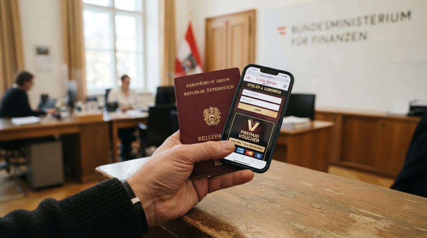 Ein österreichischer Reisepass liegt neben einem Smartphone mit Casino-Website, ein Fragezeichen-Symbol schwebt über dem Bildschirm