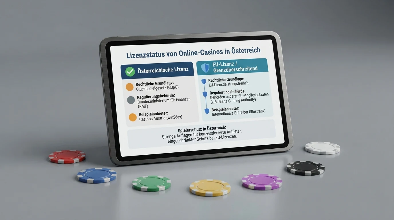 Eine tabellarische Übersicht österreichischer und EU-lizenzierter Casino-Logos mit farblicher Kennzeichnung des Rechtsstatus