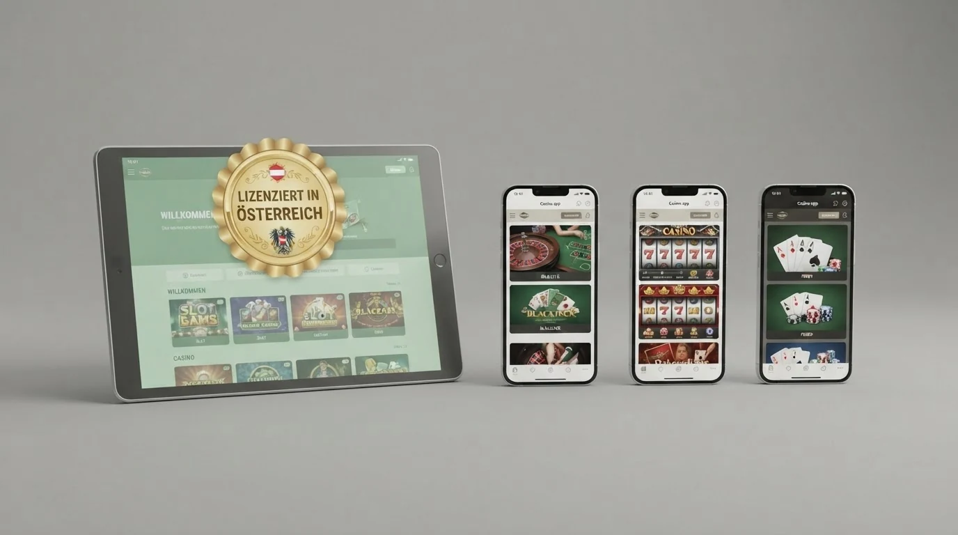 Eine visuelle Gegenüberstellung: links ein Tablet mit dem win2day-Logo und einem grünen AT-Lizenz-Haken, rechts mehrere Smartphones mit MGA-Lizenz-Apps und einem orangefarbenen Hinweis-Symbol