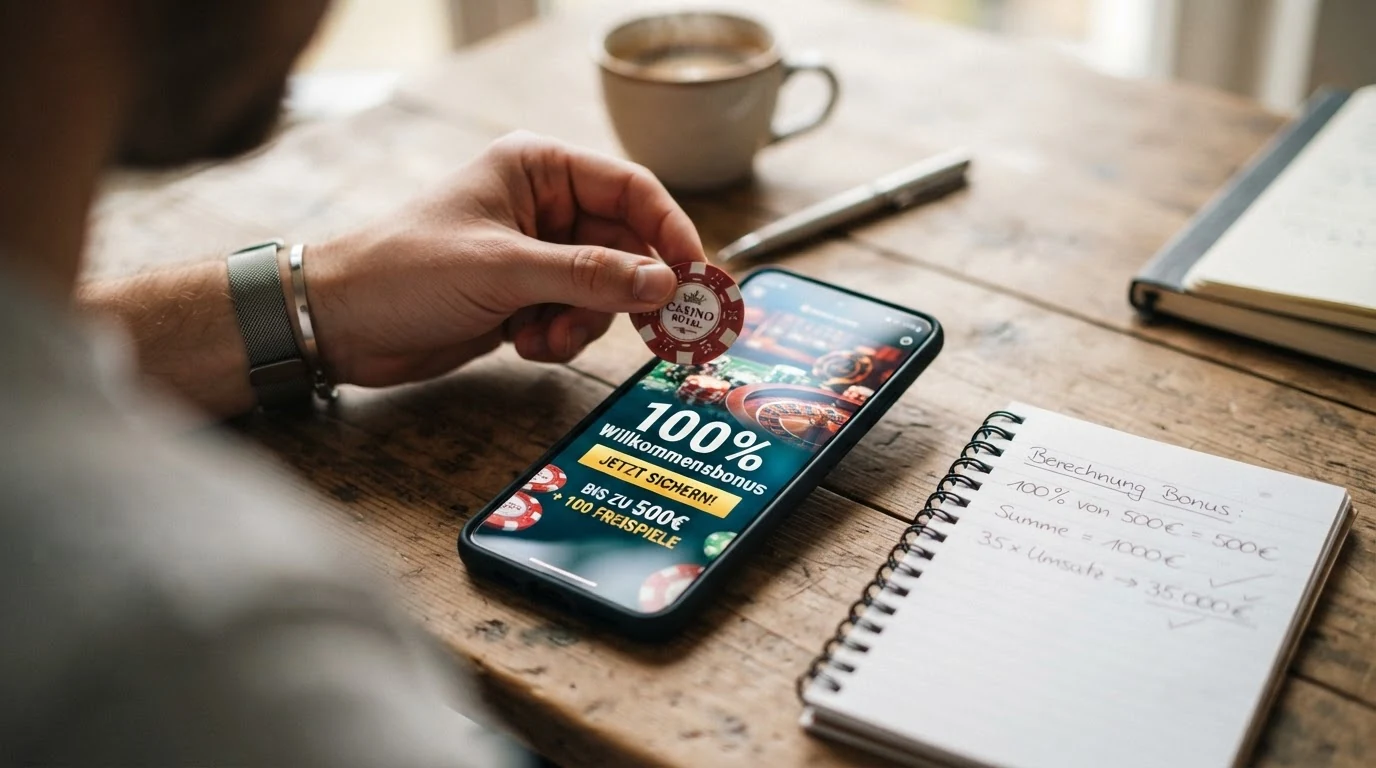 Übersicht verschiedener Casino-Bonusarten — Willkommensbonus, Freispiele und No-Deposit-Angebote mit Stift und Rechner zur Bewertung