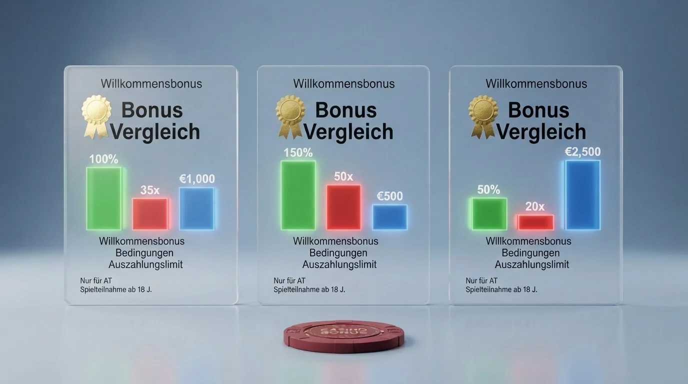 Vergleichstabelle mit Casino-Namen, Bonus-Prozentsätzen, Freispiel-Anzahlen und Lizenz-Angaben in farblich abgesetzten Spalten