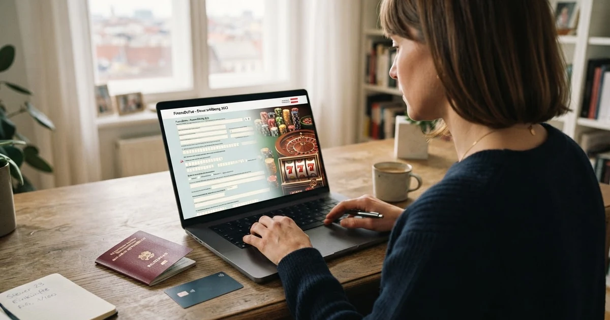 Eine Person sitzt an einem Laptop, auf dem eine Steuererklärung und Casino-Symbole zu sehen sind, daneben ein österreichischer Reisepass und ein Taschenrechner