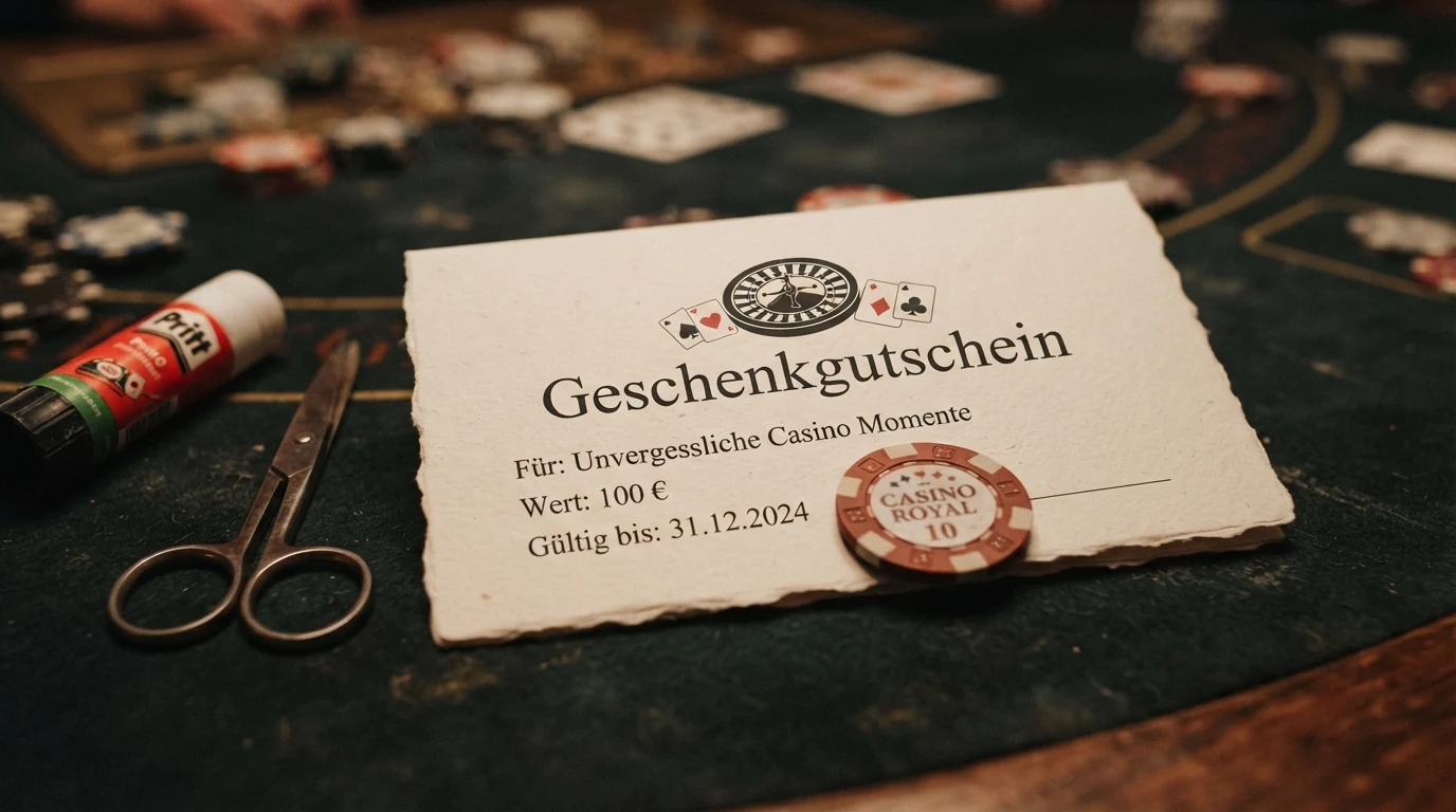 Selbst gebastelter Casino-Geschenkgutschein mit Spielkarten und Casino-Chip als Dekoration auf dunklem Filz-Hintergrund