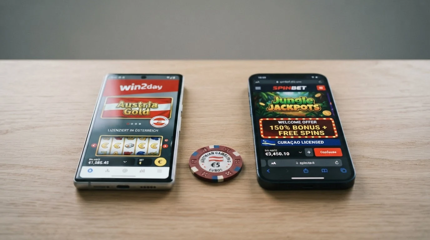 Eine grafische Gegenüberstellung: auf der einen Seite das win2day-Logo mit einem österreichischen Konzessionssiegel, auf der anderen Seite die Logos mehrerer internationaler Casino-Anbieter ohne AT-Siegel