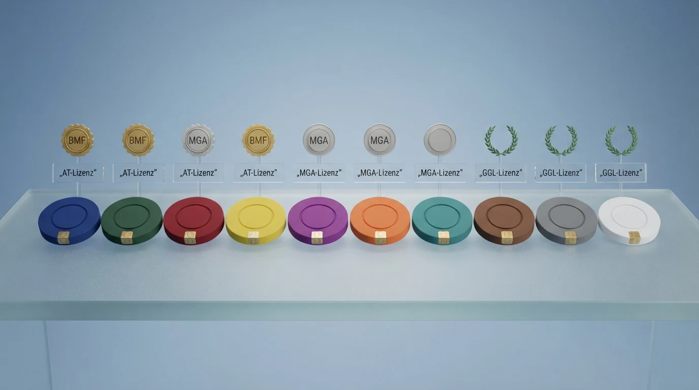 Eine tabellarische Übersicht mit Casino-Logos und farblich markierten Lizenztypen