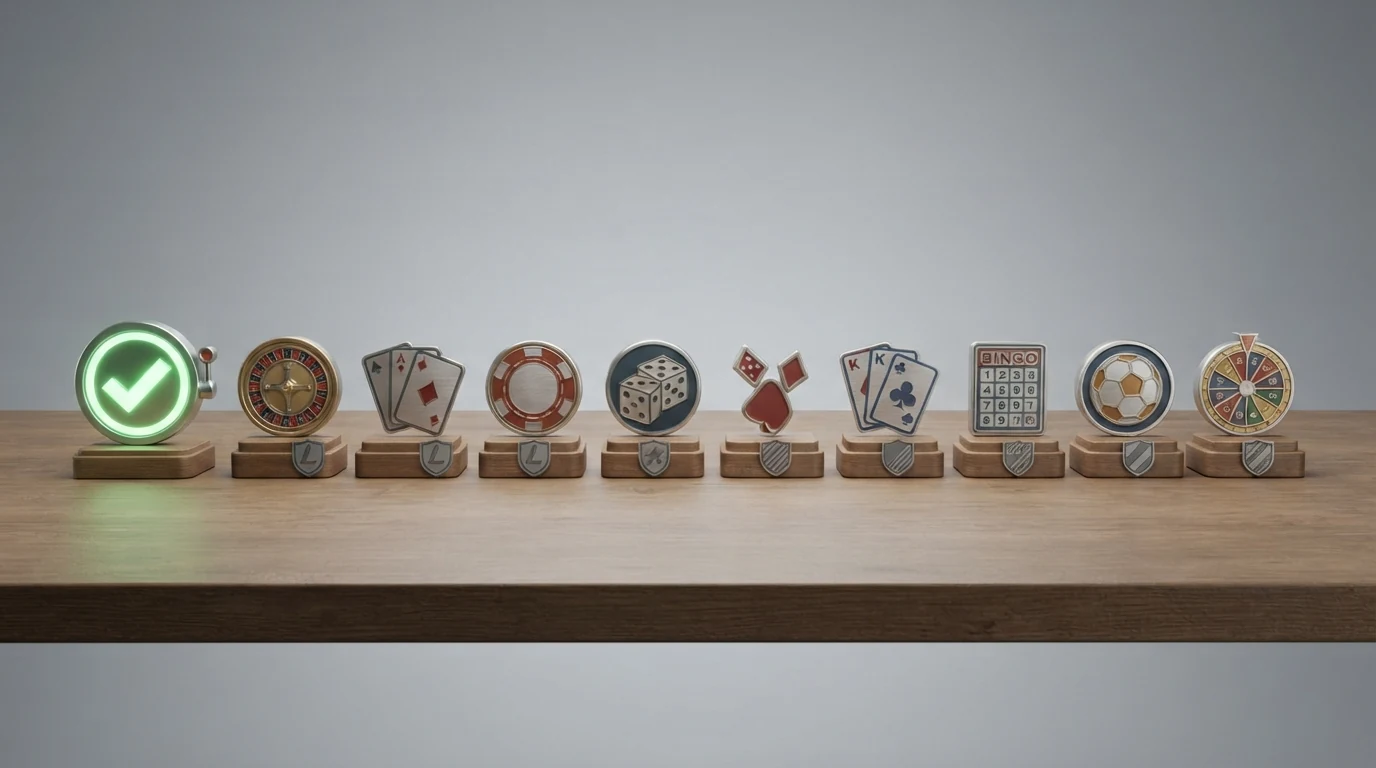 Eine Übersichtstabelle mit Casino-Logos und farblich markierten Lizenzsymbolen — ein grünes Häkchen bei win2day, graue MGA-Symbole bei den übrigen Anbietern.