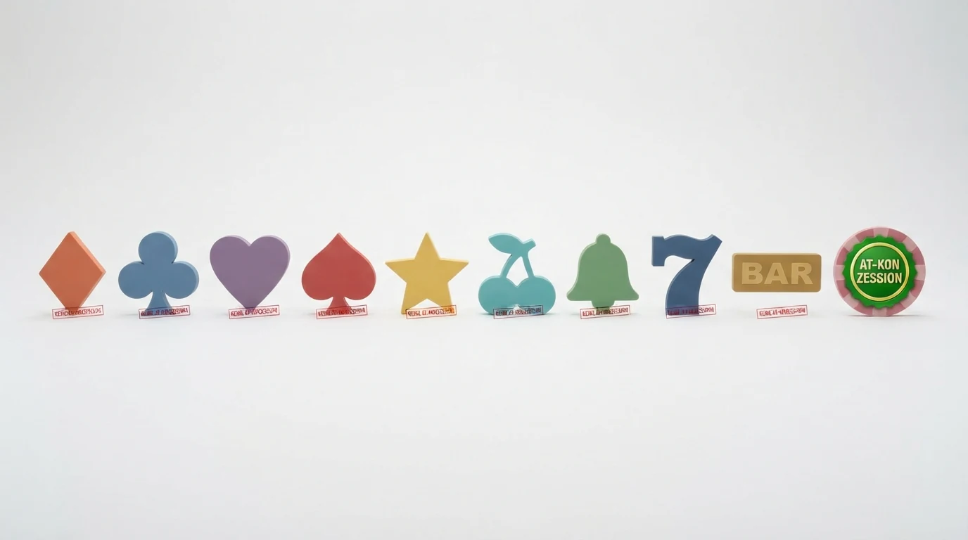 Zehn Casino-Logos nebeneinander, ein Logo trägt den grünen Stempel „AT-Konzession“, die übrigen neun das rote Etikett „Keine AT-Konzession“.
