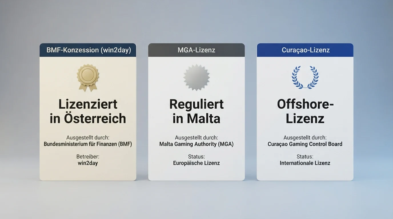 Stilisierte Lizenzurkunden nebeneinander: BMF-Konzession (win2day) links, MGA-Lizenz und Curaçao-Lizenz rechts