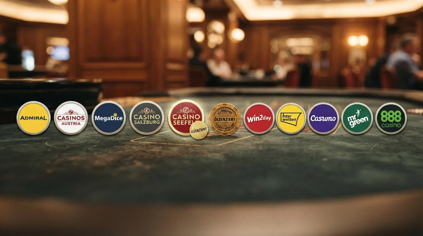 Zehn Casino-Logos nebeneinander, eines davon mit dem Label „AT-Konzession“ hervorgehoben