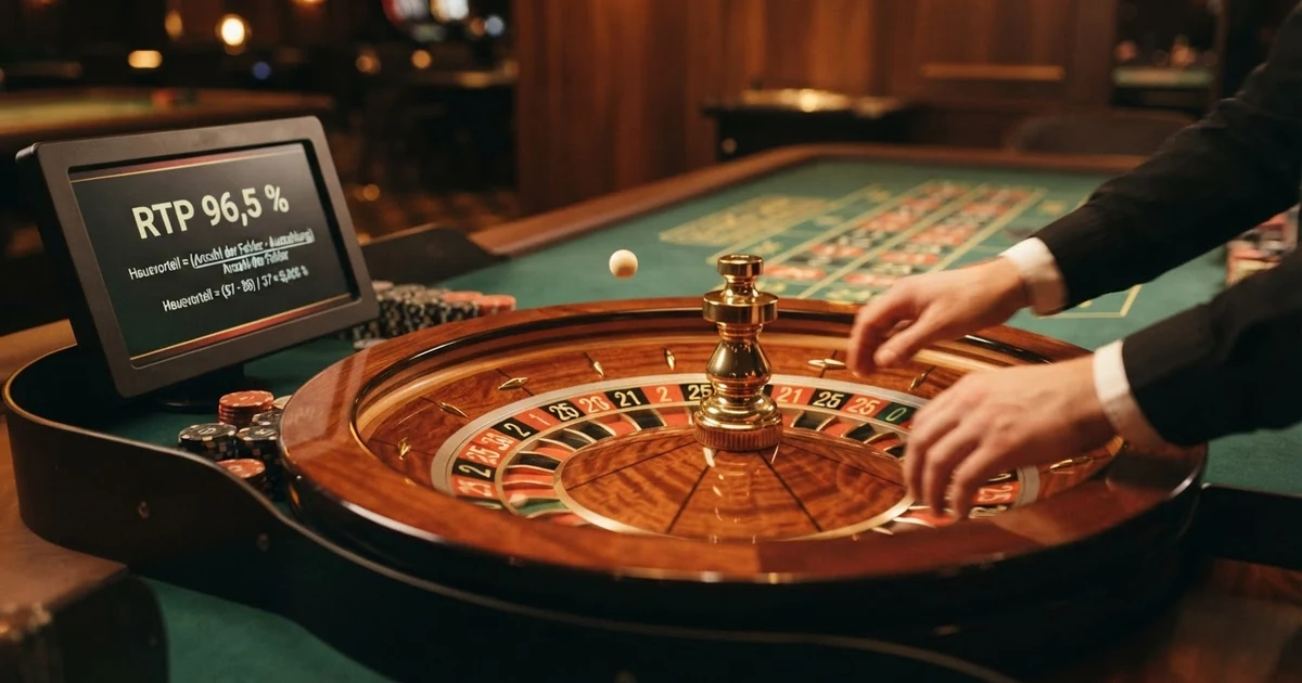 Nahaufnahme eines Roulette-Kessels, daneben eine digitale Anzeige mit „RTP 96,5 %" und einer mathematischen Formel für den Hausvorteil