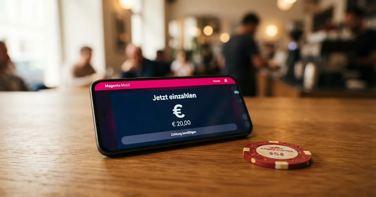 Smartphone mit geöffneter Casino-App und Magenta-Logo auf dem Bildschirm, daneben eine mobilen Rechnung mit dem Hinweis „Zahlen per Handyrechnung“