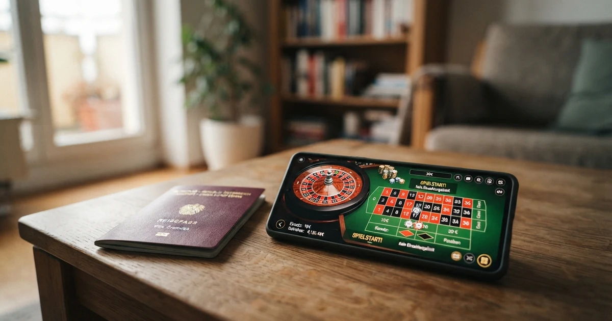 Ein Bildschirm mit einem Online-Roulettetisch, daneben liegt ein geöffneter österreichischer Reisepass mit sichtbarem Bundesadler.