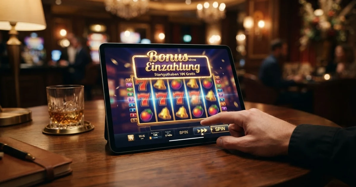 Ein Spielautomat mit leuchtenden Walzen, auf dessen Bildschirm ein Banner mit der Aufschrift „Bonus ohne Einzahlung“ eingeblendet ist