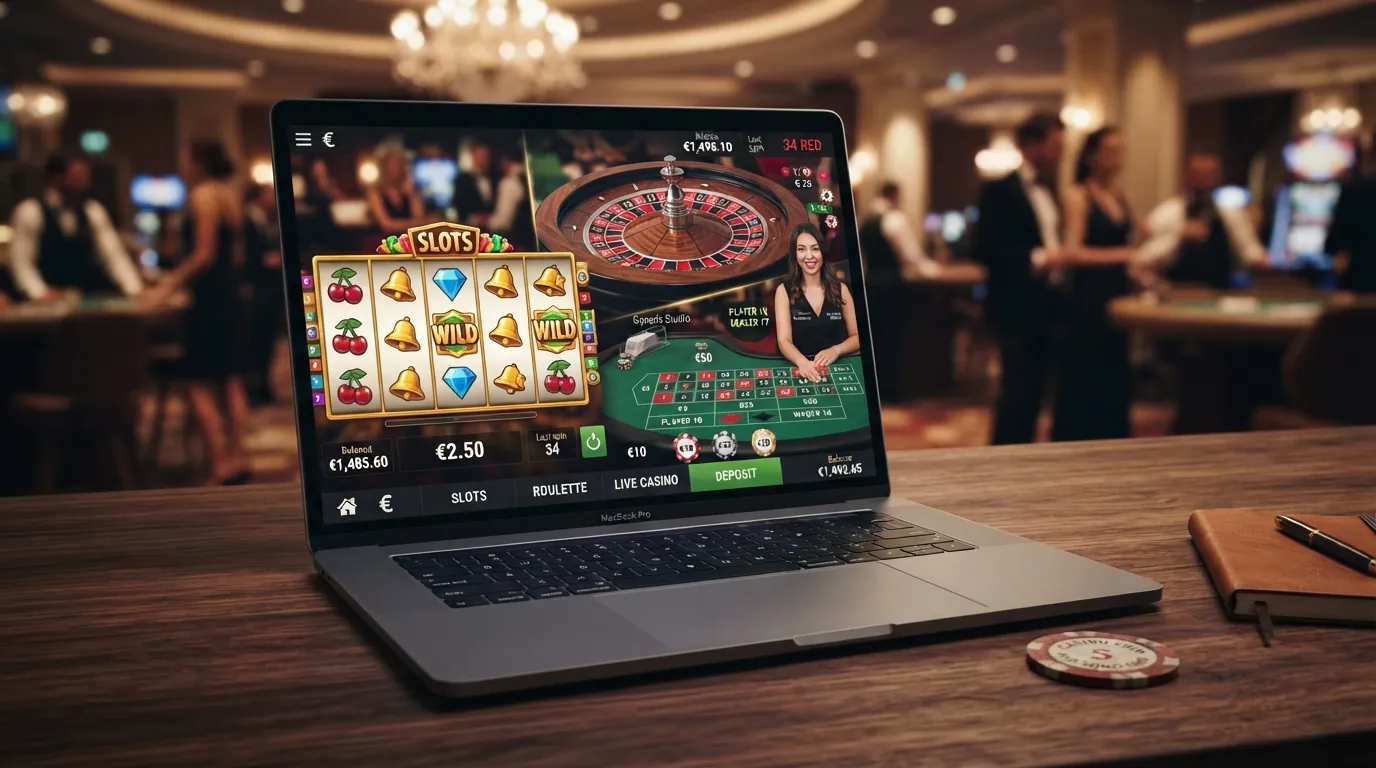 Eine Collage aus Slot-Walzen, einem Roulette-Kessel und einem Live-Dealer-Tisch auf einem Bildschirm