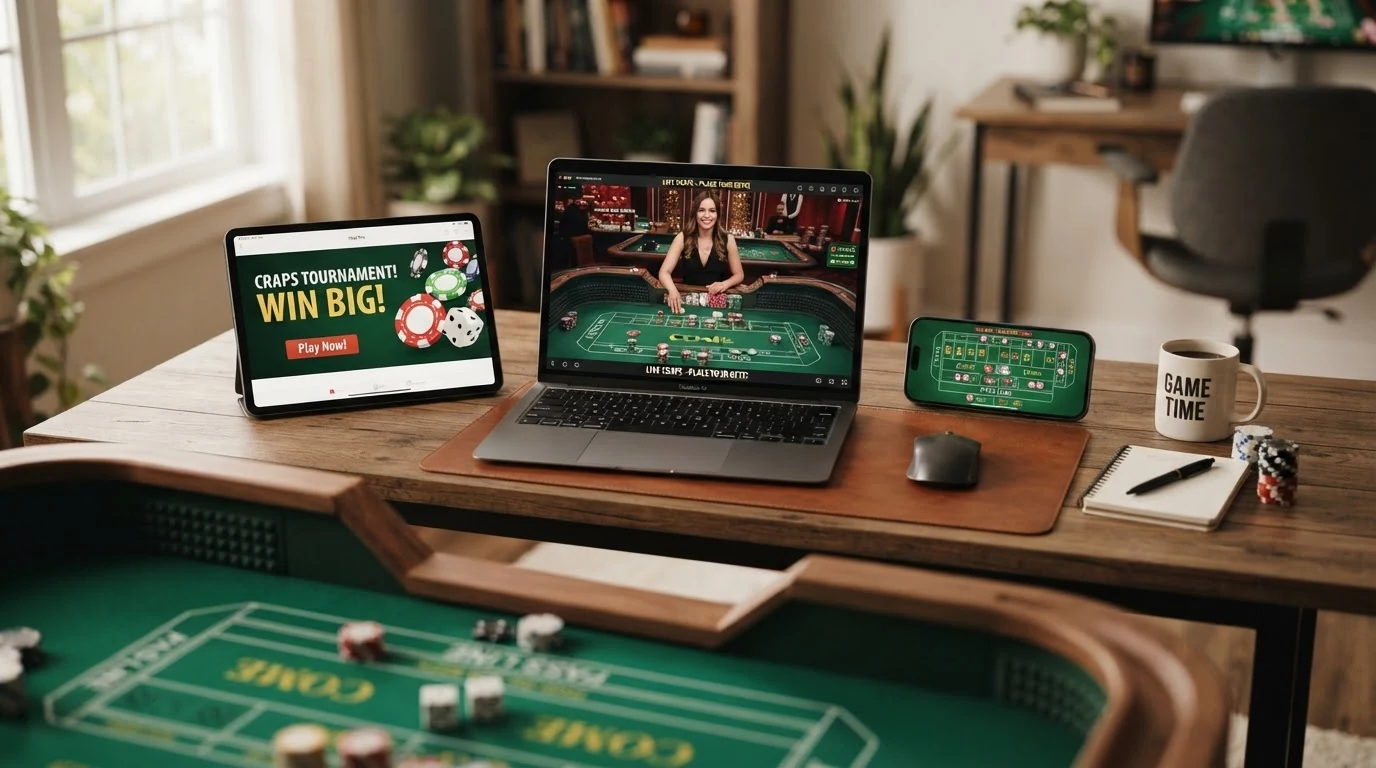 Bildschirm mit mehreren geöffneten Casino-Startseiten nebeneinander, ein Craps-Tisch im Vordergrund
