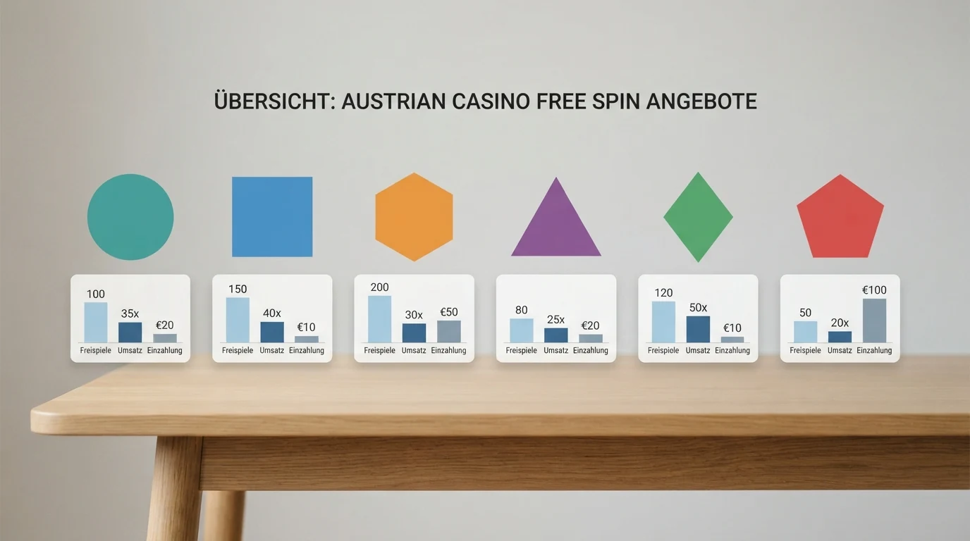 Eine übersichtliche Reihe von Casino-Logos in einer Zeile, darunter farbige Balken für Freispiele, Umsatzbedingung und Einzahlungshöhe als stilisierte kleine Diagramme