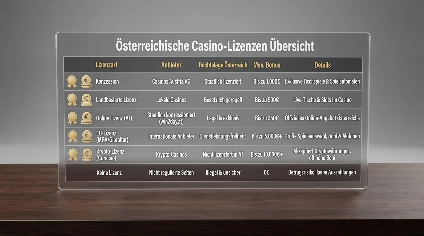 Bildschirmdarstellung einer Vergleichstabelle mit Casino-Logos und Lizenzsymbolen