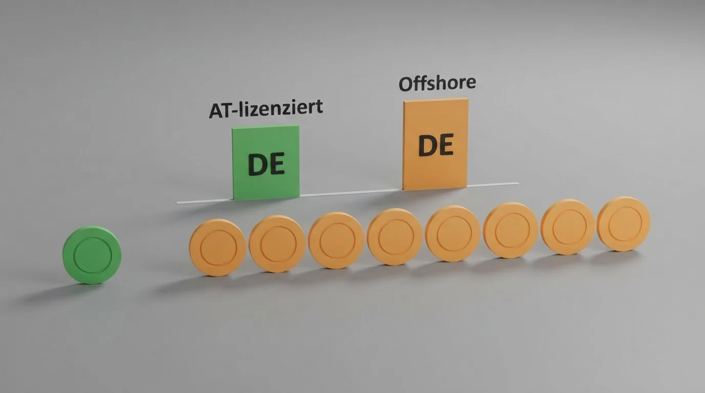 Eine tabellarische Gegenüberstellung von Casino-Logos mit farblicher Markierung des rechtlichen Status in Österreich (grün: AT-lizenziert, orange: Offshore)