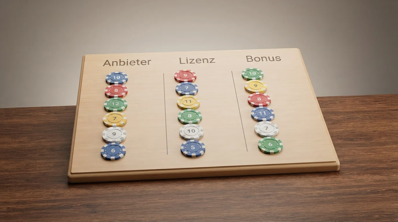 Vergleichstabelle oder Übersichtsraster mit Casino-Logos nebeneinander, farblich nach Lizenztyp gruppiert