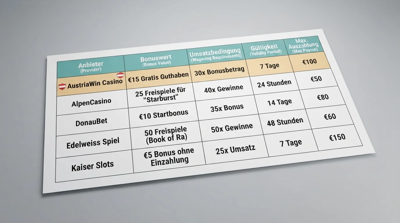 Eine übersichtliche Vergleichstabelle mit Casino-Namen, Bonus-Höhe, Umsatzbedingungen und Gültigkeit, wobei die Zeile des lizenzierten Anbieters farblich hervorgehoben ist