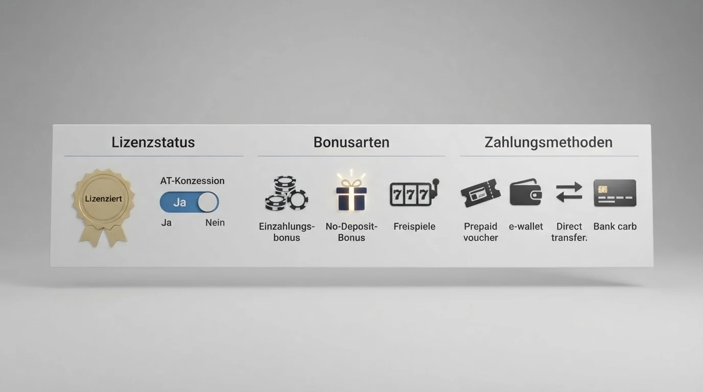 Eine übersichtliche Vergleichstabelle mit Casino-Logos, farblich markierten Konzessionsstatus-Spalten und den wichtigsten Bonus-Kennzahlen auf einem Bildschirm.