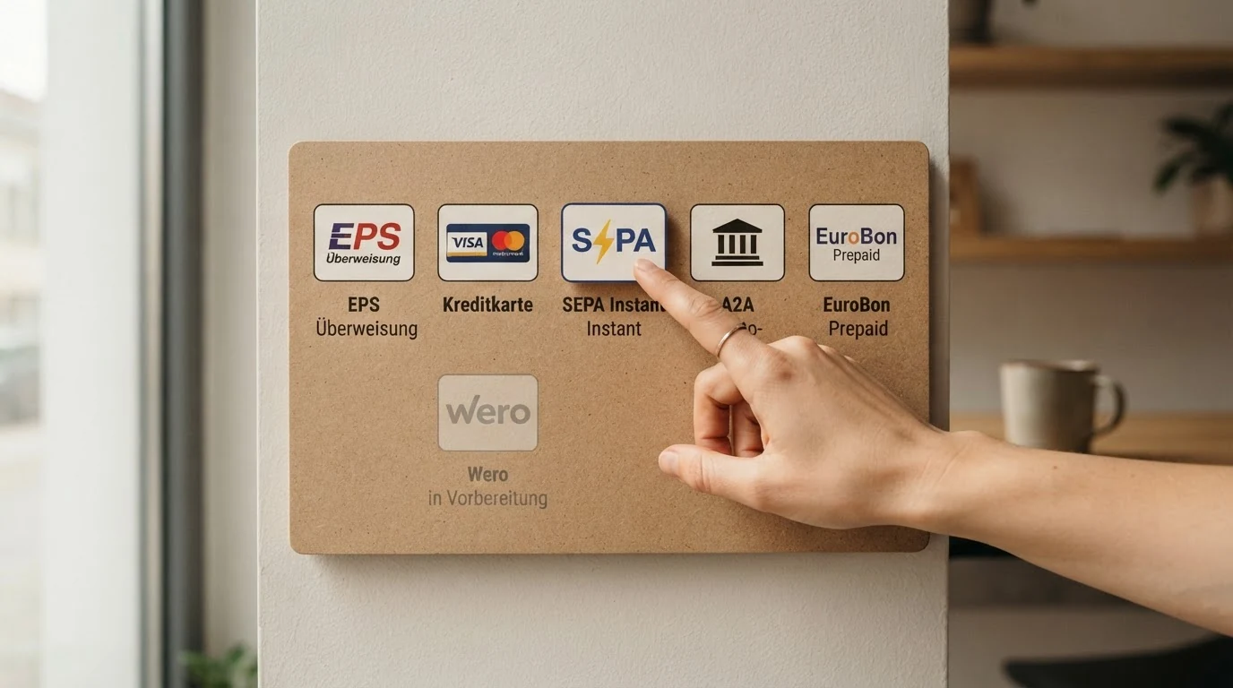 Übersichtstafel mit Symbolen gängiger Zahlungsmethoden: EPS, Kreditkarte, SEPA-Echtzeit, Klarna und EuroBon — das Wero-Logo ist grau hinterlegt mit dem Zusatz „in Vorbereitung“