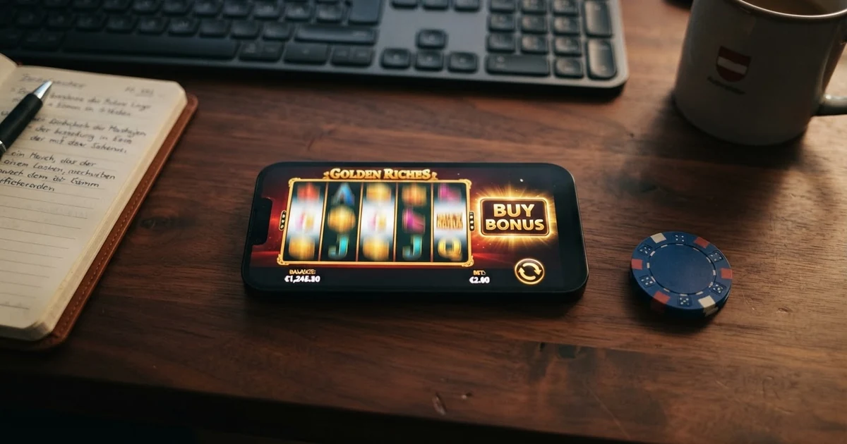 Ein Screenshot eines Online-Slots mit hervorgehobenem „Buy Bonus“-Button, der die Position des Feature-Kaufs im Spielinterface zeigt.