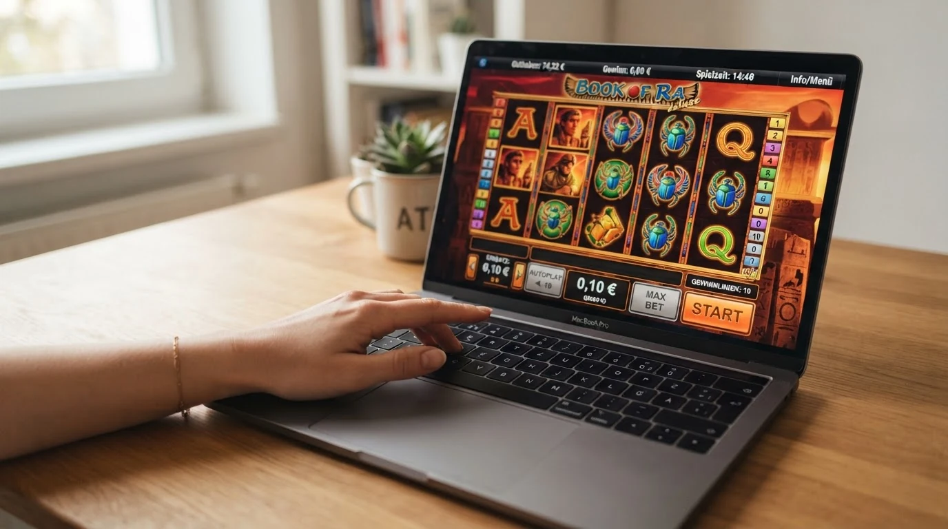Bildschirmansicht des Slots Book of Dead mit hervorgehobener Einsatzanzeige bei einem Gesamteinsatz von 0,10 €