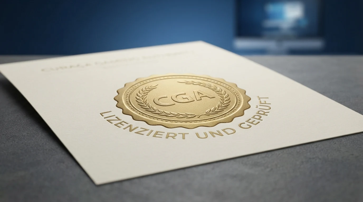 Nahaufnahme eines CGA-Lizenzsiegel-Auszugs und einer österreichischen GSpG-Textstelle im Kontrast