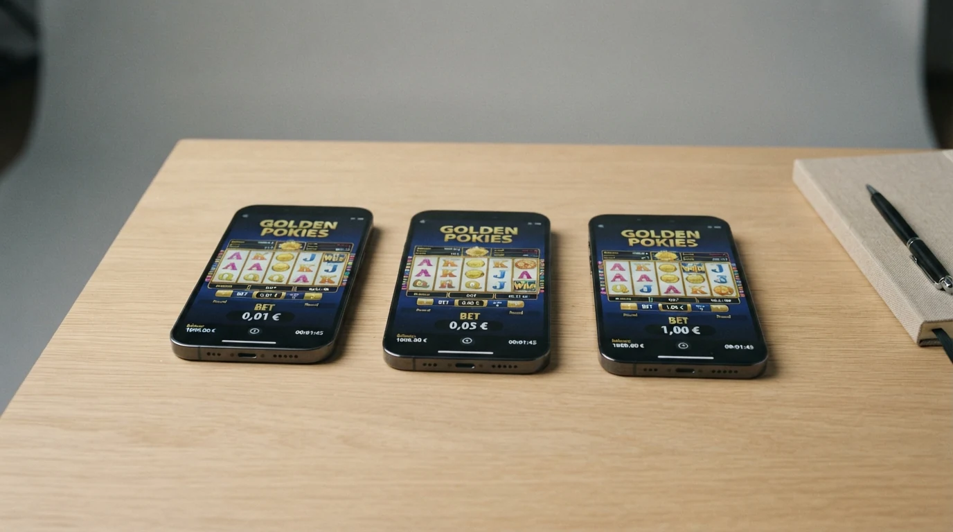 Drei nebeneinanderliegende Slot-Bildschirme mit hervorgehobenen Einsatzanzeigen — 0,01 €, 0,05 € und 1,00 € — und jeweils sichtbarer Rundenzahl-Anzeige bei identischem Startguthaben von 20 €