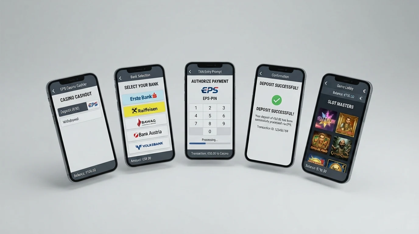 Eine illustrierte Schrittfolge von fünf Stationen: Casino-Lobby, Kasse, Bankauswahl, TAN-Eingabe am Smartphone, Spielbildschirm mit bestätigtem Guthaben
