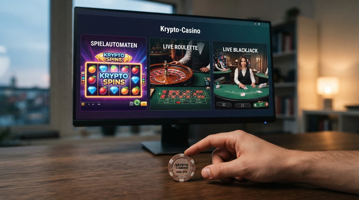 Verschiedene Casino-Spiele auf einem Bildschirm: Slot-Walzen, ein Roulette-Kessel und ein Live-Dealer-Tisch nebeneinander