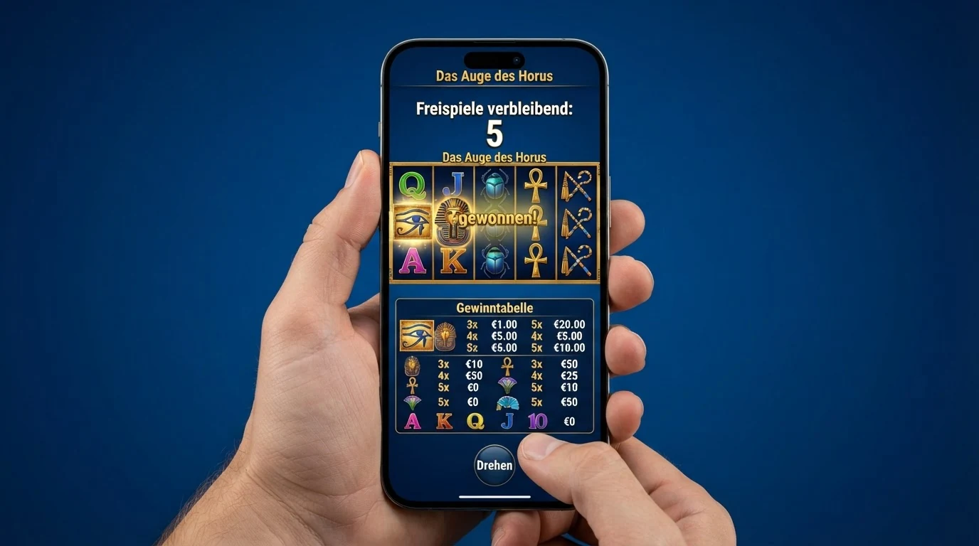 Der Spielbildschirm von Eye of Horus mit sichtbaren Gewinnsymbolen, Freispiel-Anzeige und Auszahlungstabelle