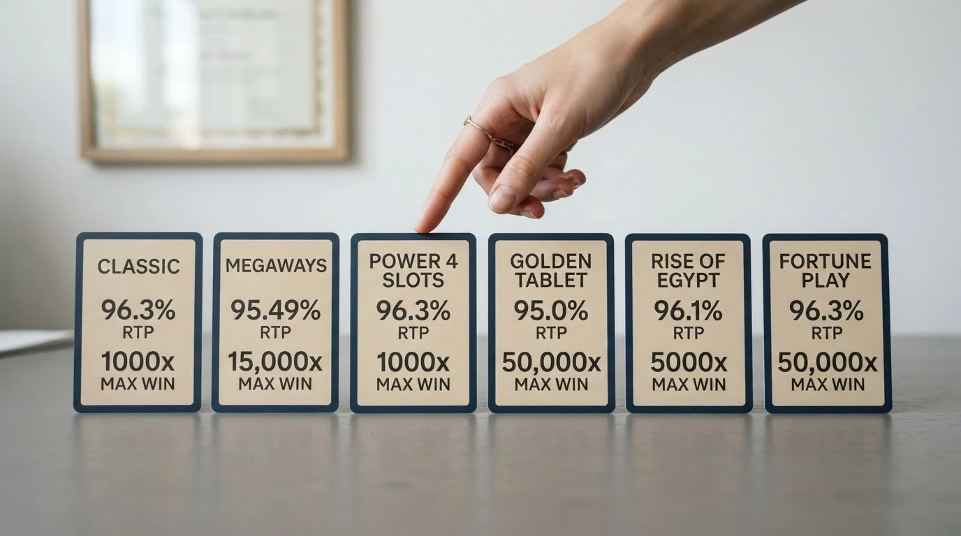 Eine Gegenüberstellung der sechs Eye of Horus-Varianten als Spielkarten mit ihren RTP-Werten und Max-Win-Angaben