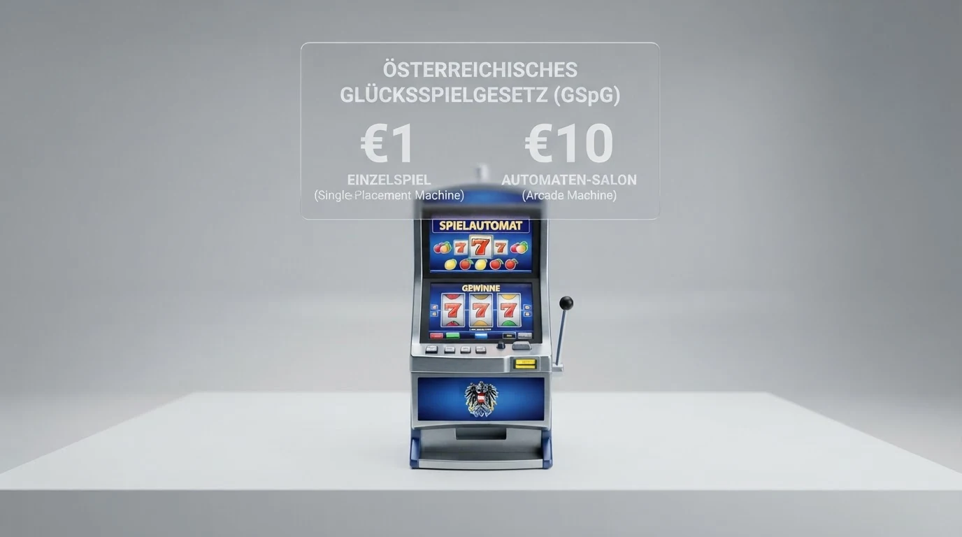 Symbolbild: Ein Spielautomat mit sichtbarem Maximaleinsatz-Feld und einem Gesetzestext im Hintergrund