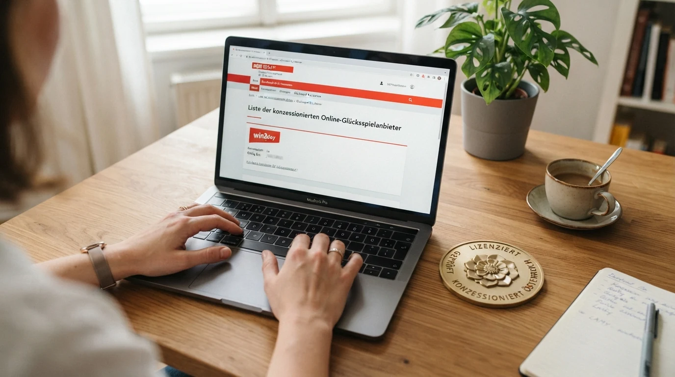 Ein Screenshot der BMF-White-List-Webseite (bmf.gv.at) mit der Tabelle der Konzessionäre, in der unter „Online-Glücksspiel“ nur ein Eintrag — win2day — sichtbar ist