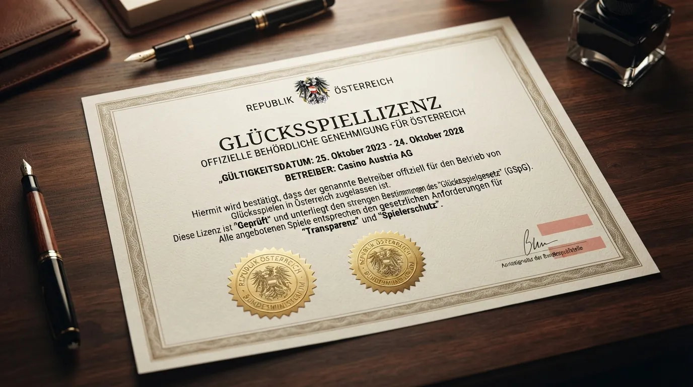 Ein offiziell wirkendes Dokument mit Paragrafenzeichen und dem Titel „Glücksspielgesetz“ vor einer stilisierten Österreich-Flagge