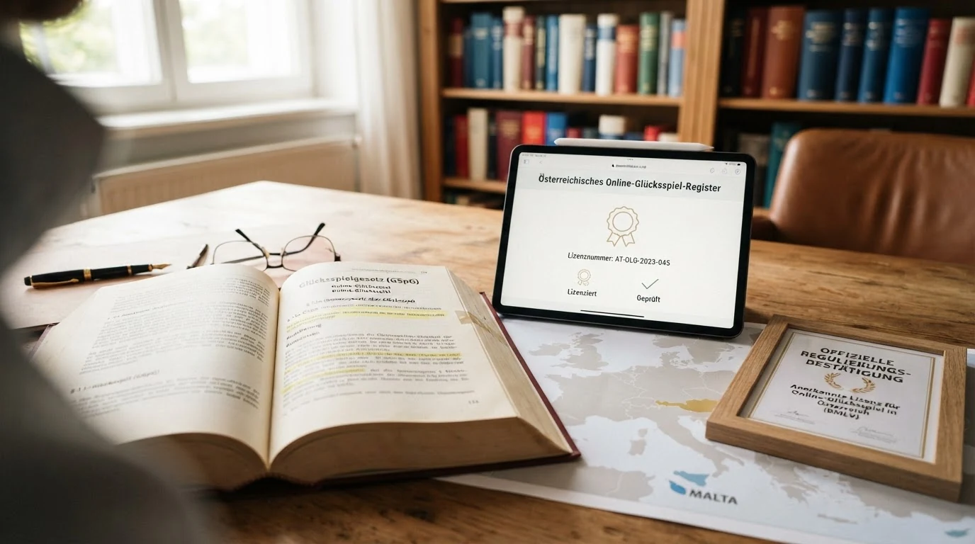 Ein österreichisches Gesetzbuch mit Lesezeichen bei § 12a GSpG, aufgeschlagen neben einem Tablet mit dem BMF-Logo und einer Europa-Karte, auf der Malta markiert ist