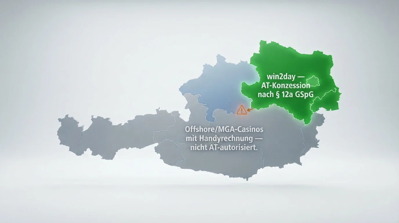 Eine stilisierte Österreich-Karte mit zwei markierten Bereichen: ein kleines grünes Feld für „win2day — AT-Konzession nach § 12a GSpG“ und ein großes graues Feld für „Offshore/MGA-Casinos mit Handyrechnung — nicht AT-autorisiert“, verbunden durch einen Warnhinweis.
