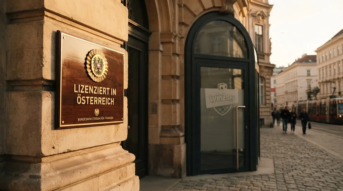 Das österreichische Bundeswappen vor dem Gebäude des Bundesministeriums für Finanzen in Wien, daneben das win2day-Logo als einziger AT-Konzessionär
